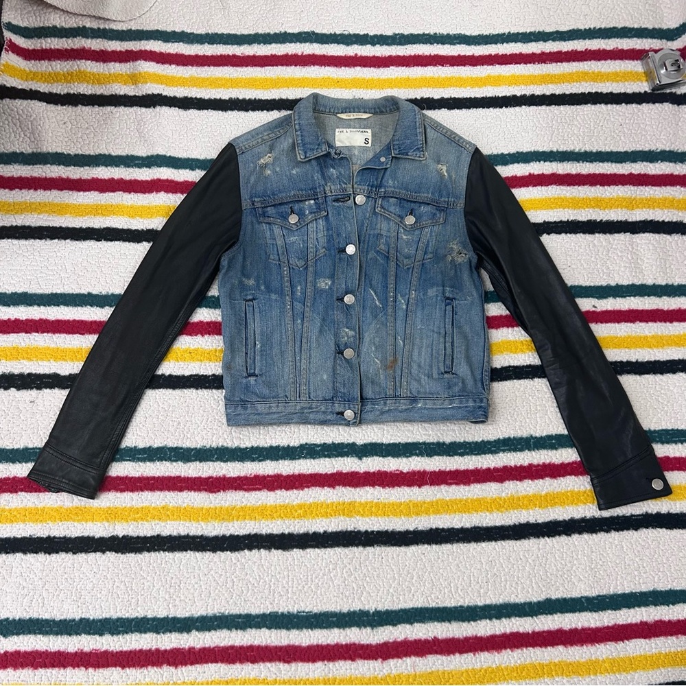 Rag & bone lamb leather sleeve jean jacket distressed tattered denim size small